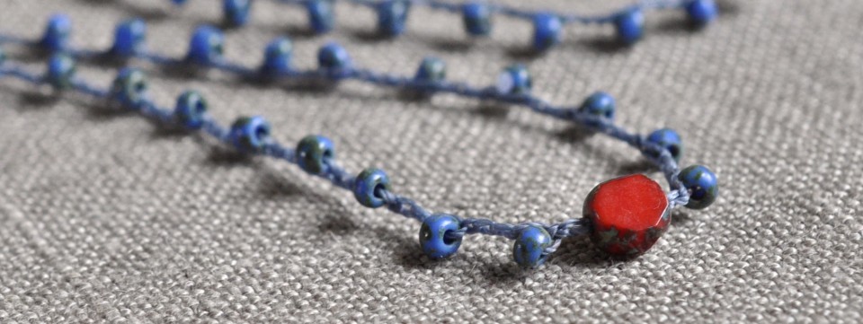 blue and red crocheted Czech glass necklace